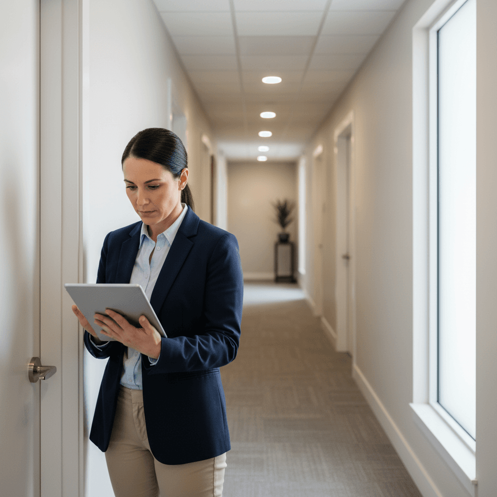 Property manager reviewing tablet in clean apartment