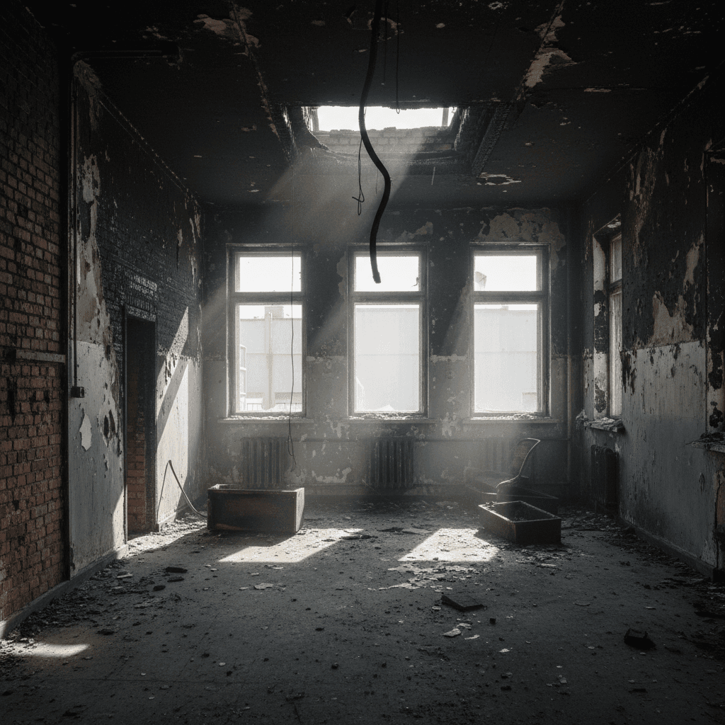 Fire damage with soot and charring on interior walls