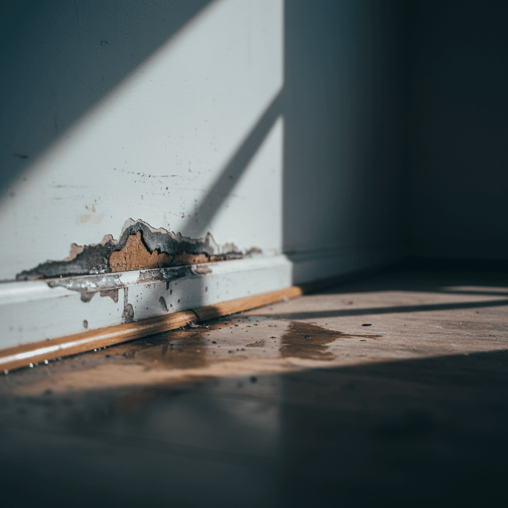 Water damage on interior flooring and walls