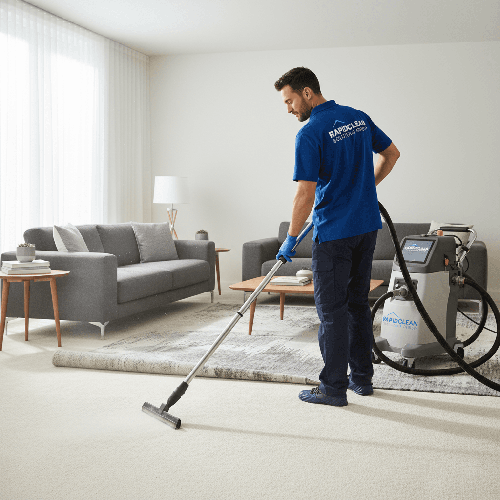 Technician using advanced carpet cleaning equipment in a stylish residential living room