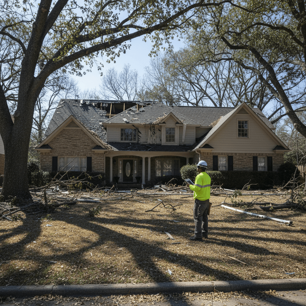Storm damage assessment crew evaluating residential property damage