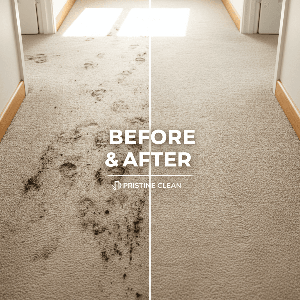High-traffic carpet showing before and after professional cleaning results.