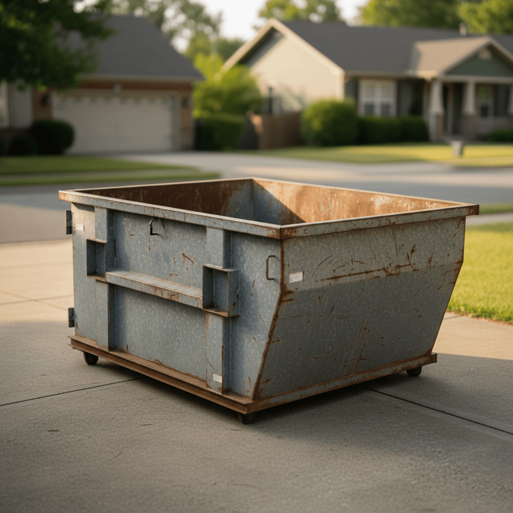 Small dumpster rental bin in residential driveway