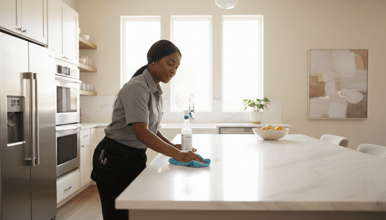 Professional cleaning in progress in a bright Atlanta kitchen
