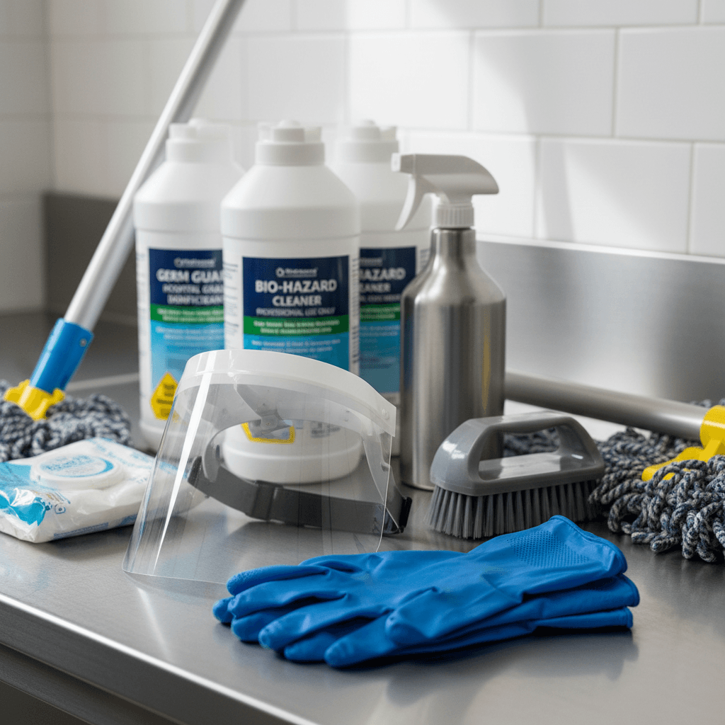 Professional biohazard cleanup equipment and safety gear