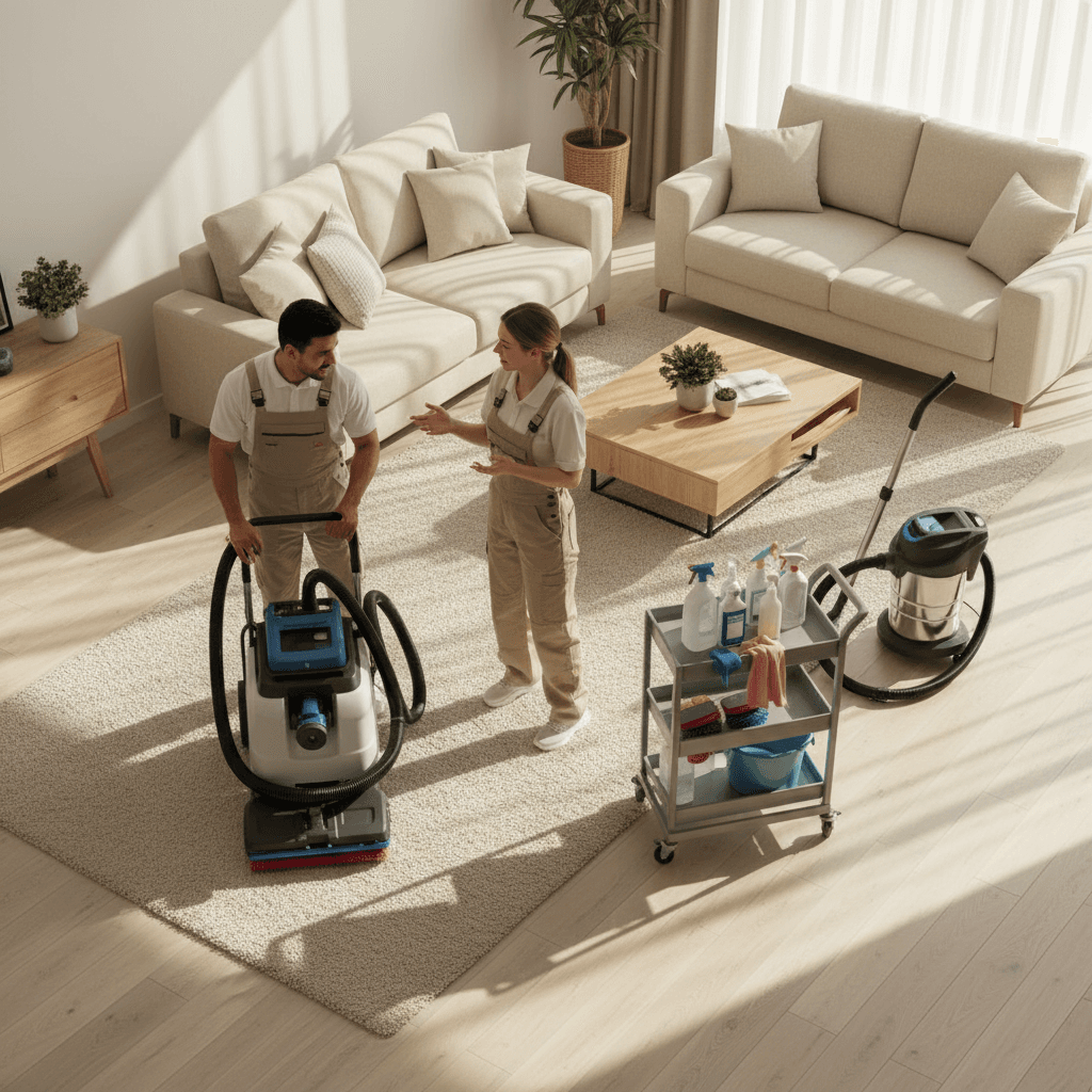 Cleaning team preparing equipment for combined carpet cleaning and general cleaning service