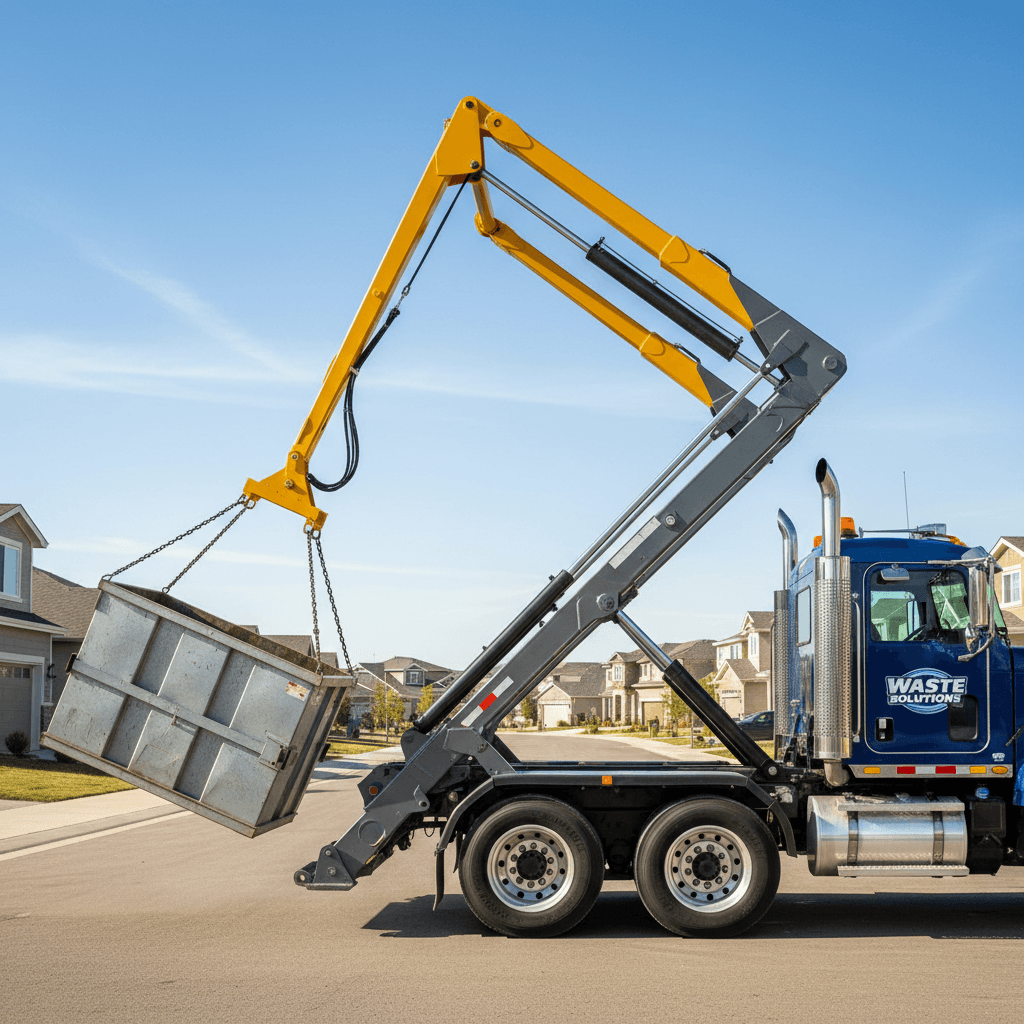 Roll-off dumpster delivery truck dropping off bin
