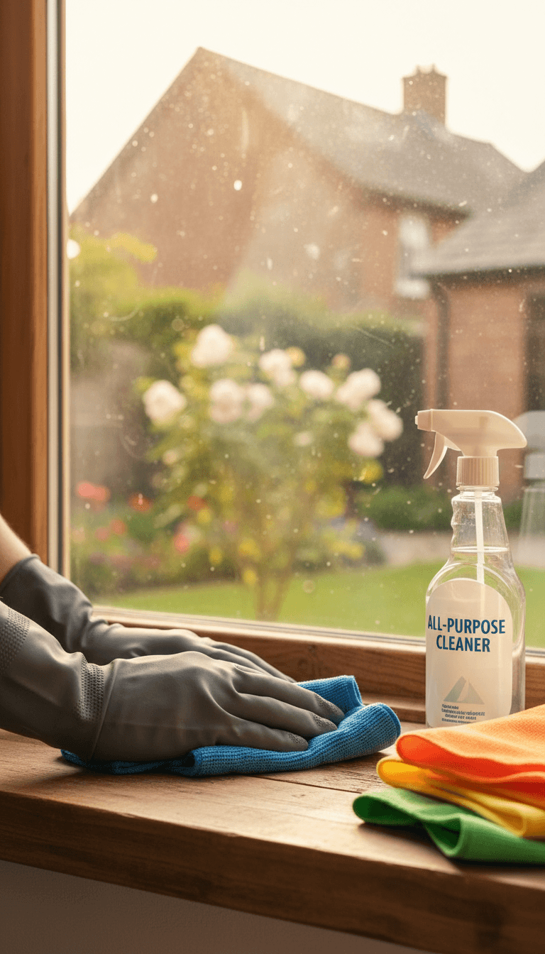Cleaning technician's hands with microfiber cloth during property preservation work