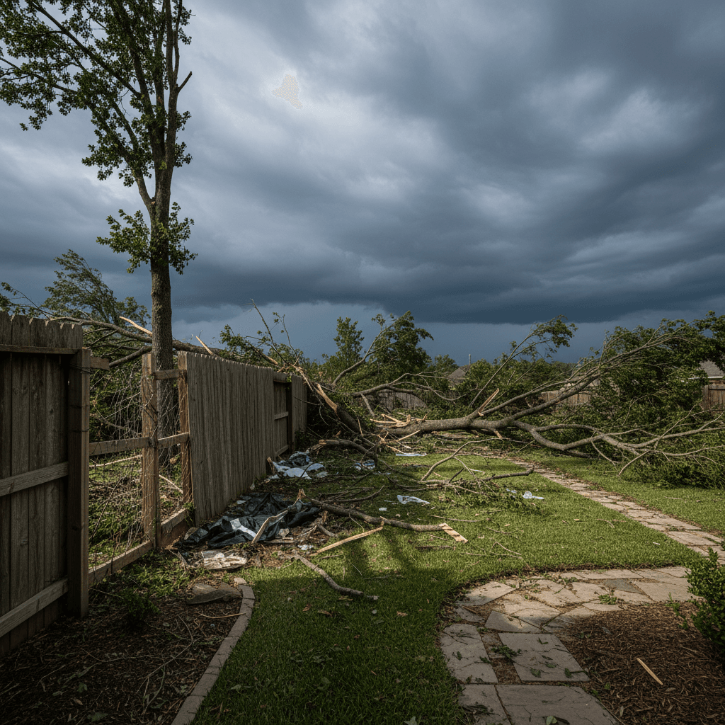 Storm damage cleanup with scattered debris in yard