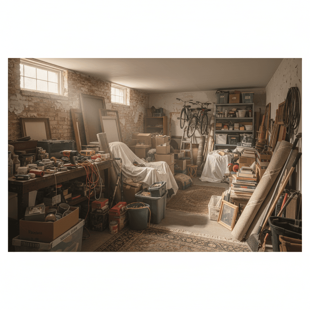 Cluttered space requiring professional removal and cleaning