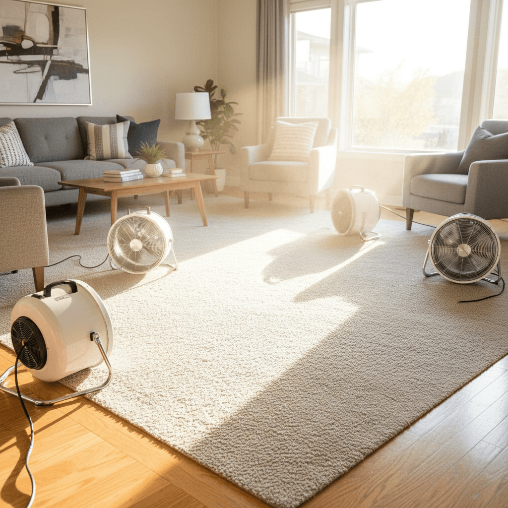Residential space with professional air movers helping carpet dry after cleaning