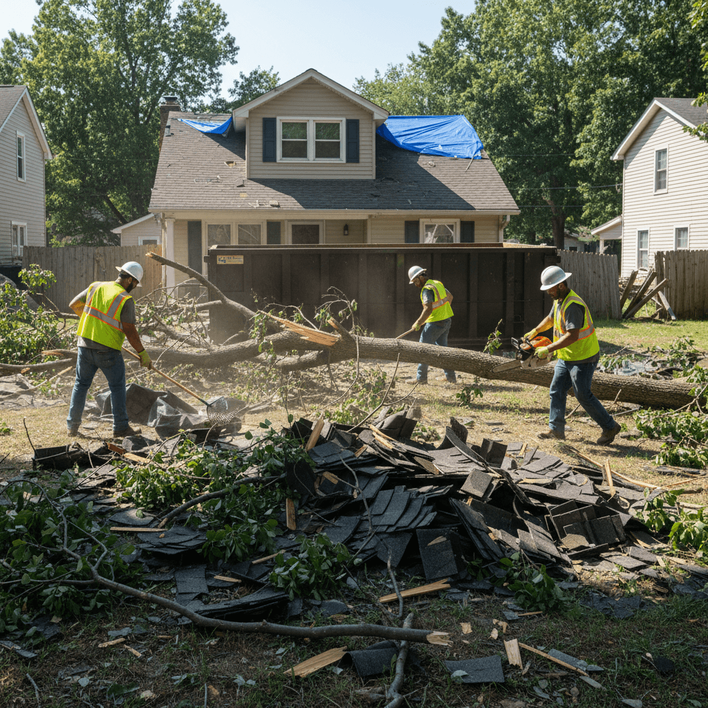 Storm damage cleanup with debris removal