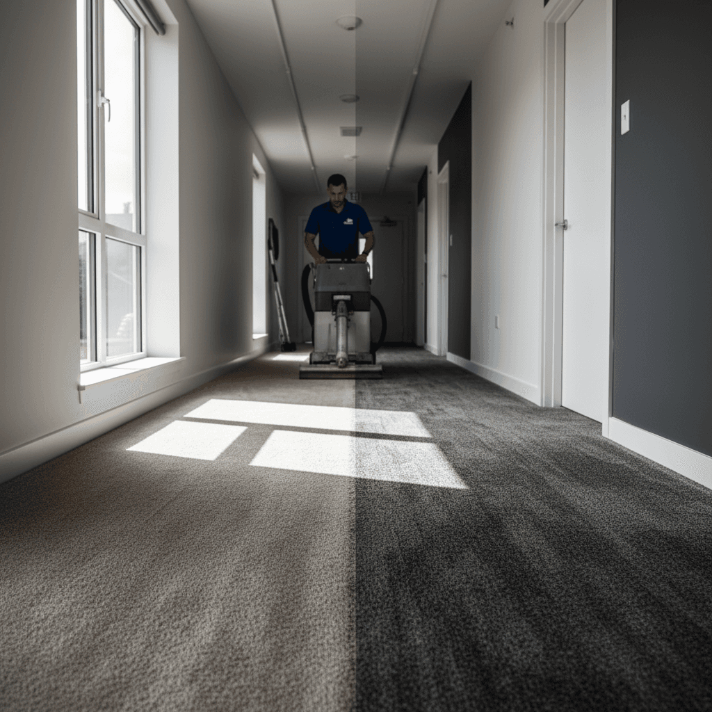Before and after comparison of carpet cleaning on high-traffic hallway area