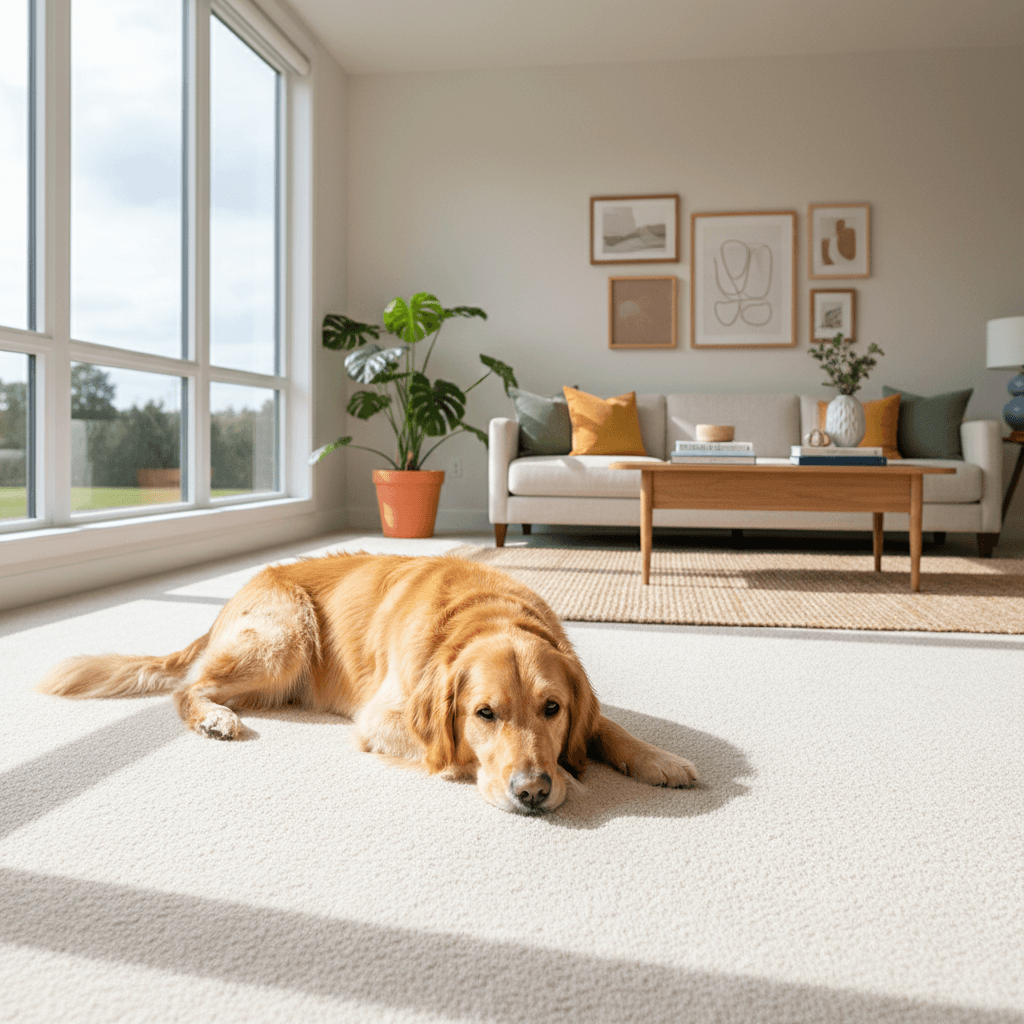 Pet relaxing on freshly cleaned and odor-free carpet
