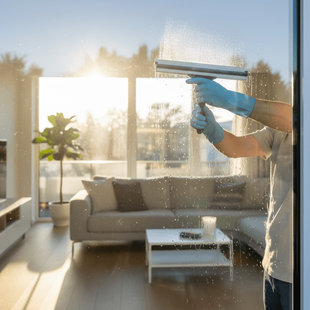 Professional window cleaning with squeegee in natural light