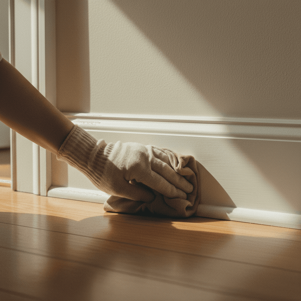 Careful cleaning of painted baseboards and trim detail