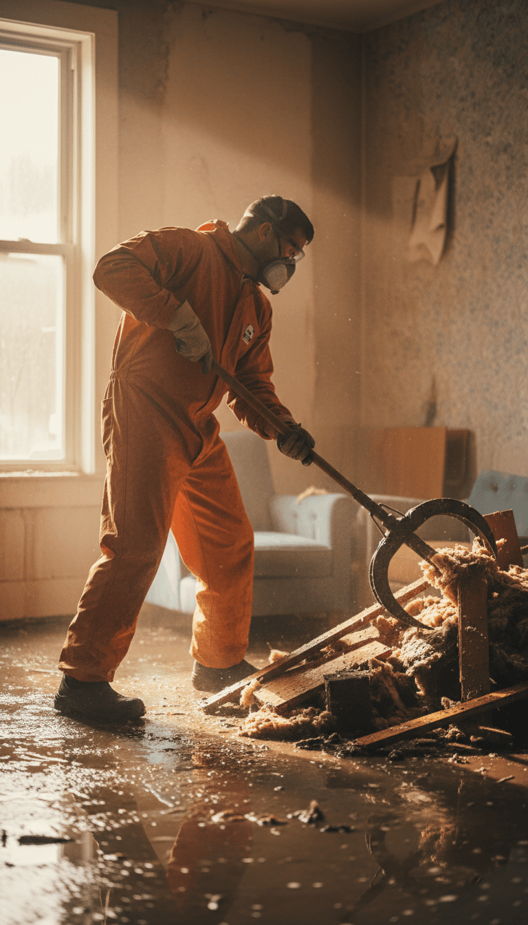 Cleanup crew member removing water-damaged materials from interior