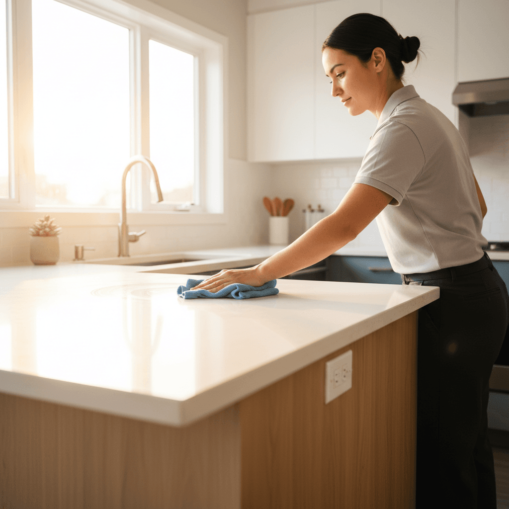 Professional residential cleaner polishing kitchen countertop
