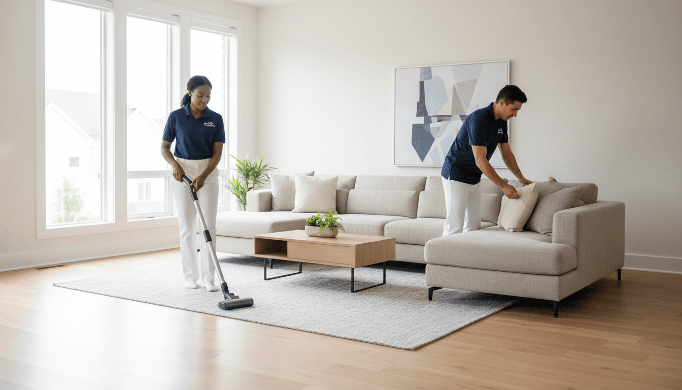Professional cleaning team efficiently cleaning a modern apartment hallway with vacuuming and baseboard maintenance