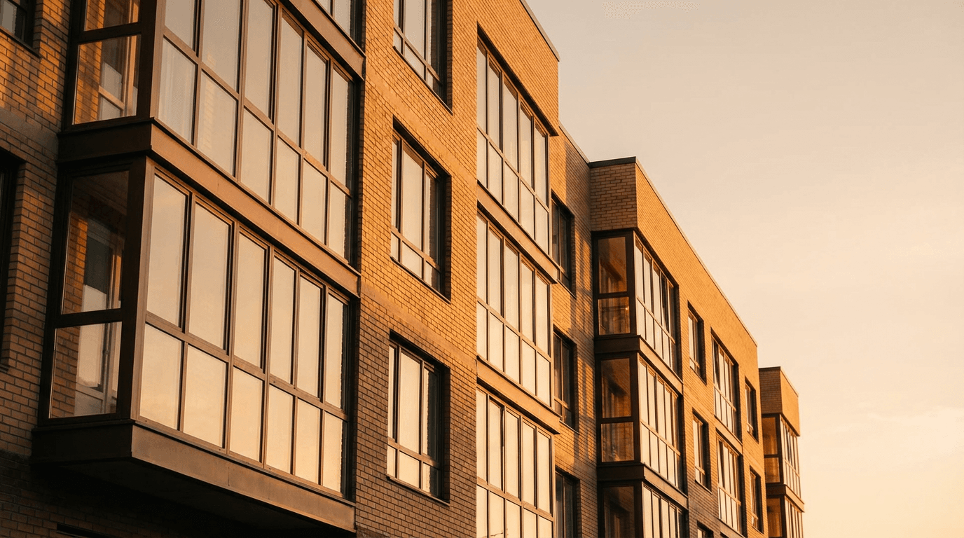 Modern Atlanta apartment complex exterior with clean landscaping and bright entrance, suggesting professional property management