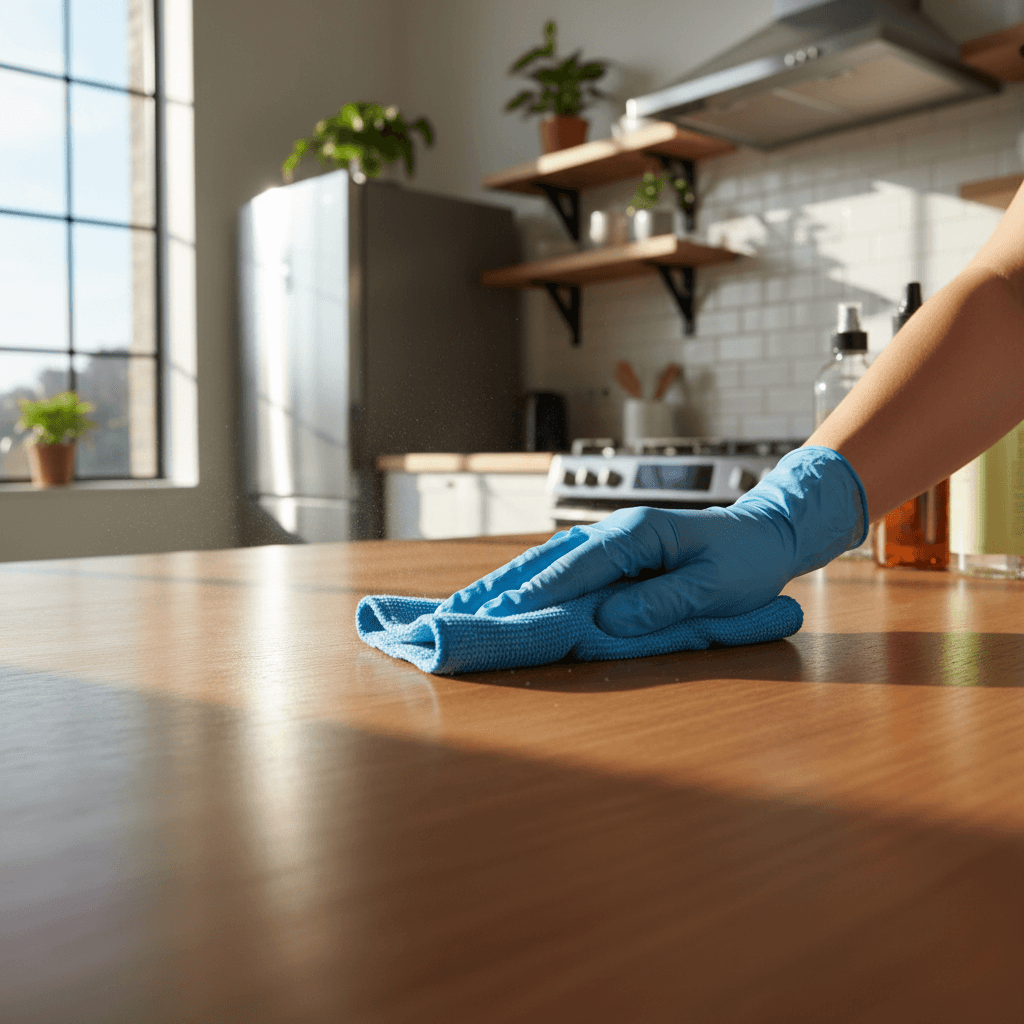 Professional cleaner performing apartment unit turnover