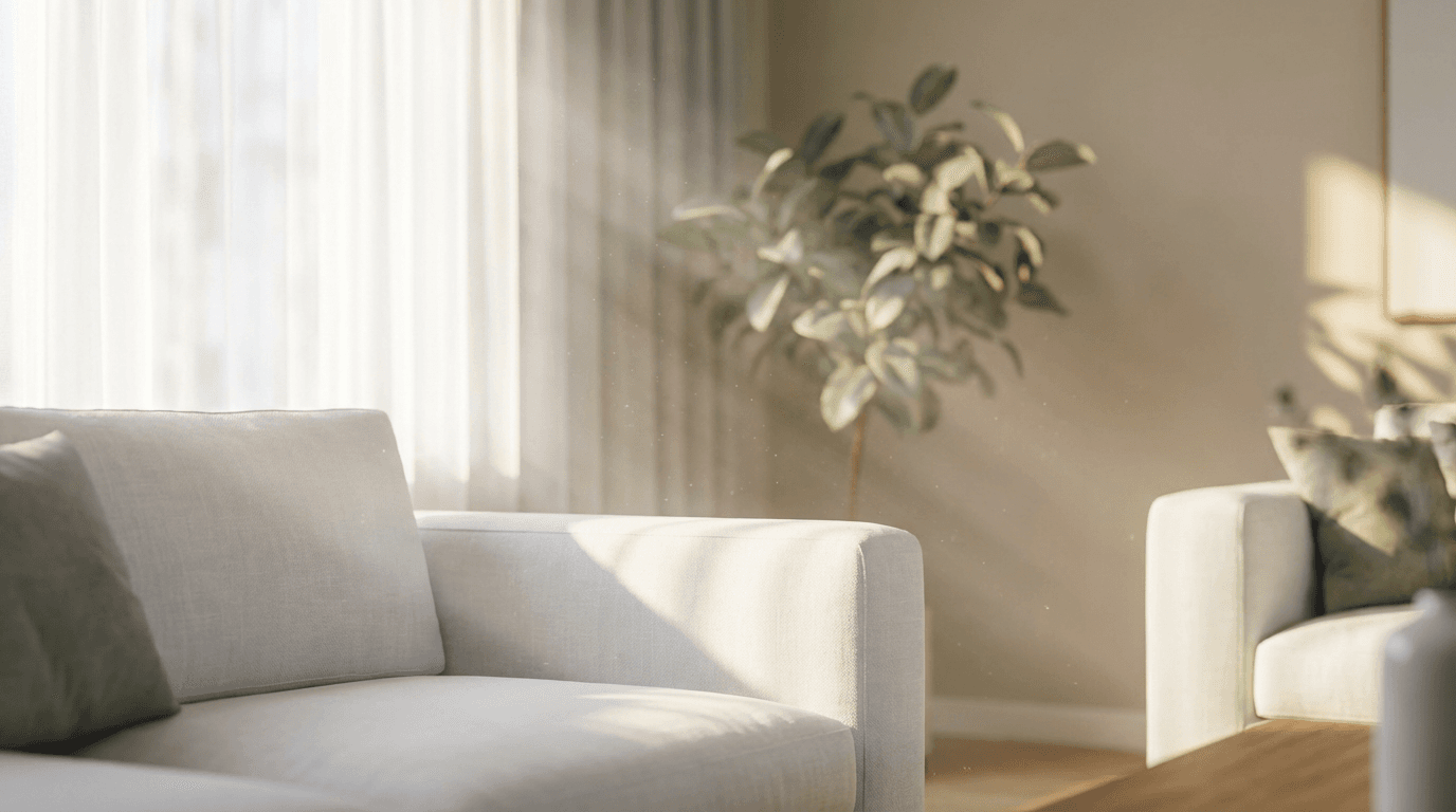 Cleaner vacuuming residential living room sofa