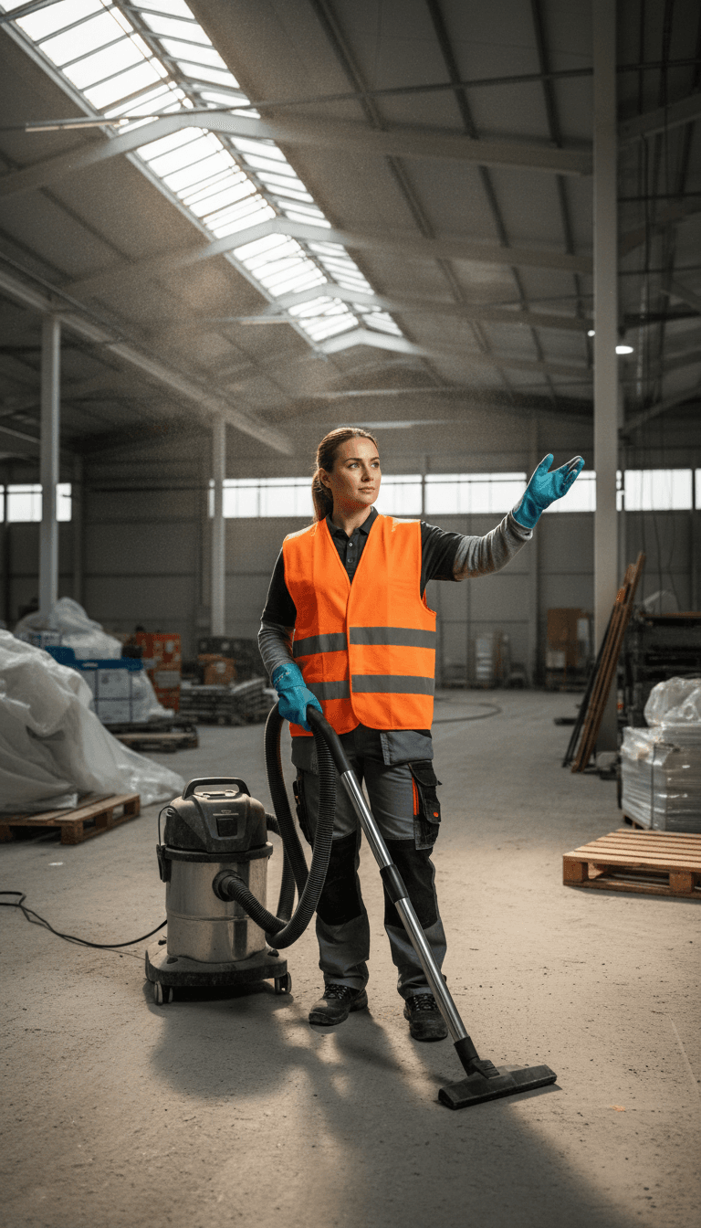 Janitorial professional with equipment during post-construction cleanup project